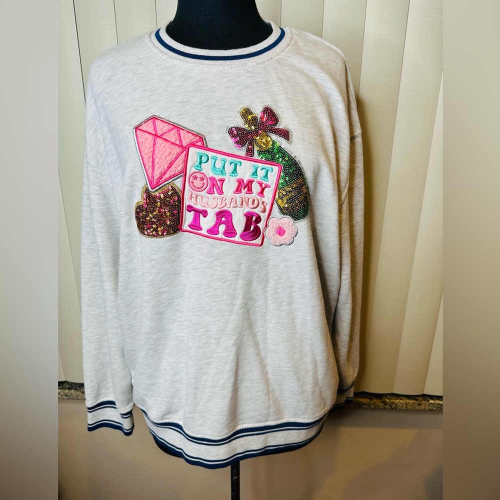 Simply Southern "Put It On My Husband's Tab" Varsity Crew Sweatshirt Size Large
